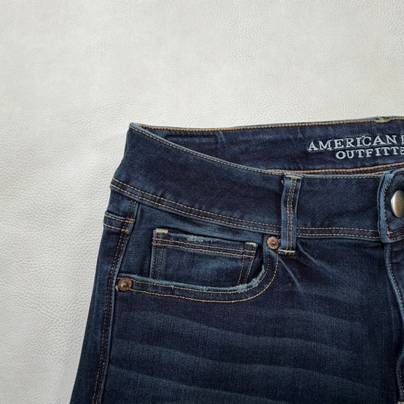 American Eagle Kick Boot Jeans Dark Wash Super Stretch Raw Hem 10 Long Womens - Picture 10 of 12